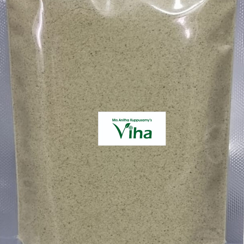 Vallarai Palm Sugar Milk Mix Powder, a sealed rectangular clear plastic pouch containing a fine, beige powder with subtle dark specks