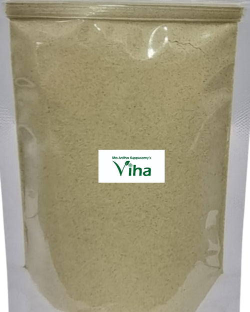 Tulsi Palm Sugar Milk Mix Powder, a clear plastic pouch with a ziplock top contains fine light-tan powder, featuring a rectangular white label on center