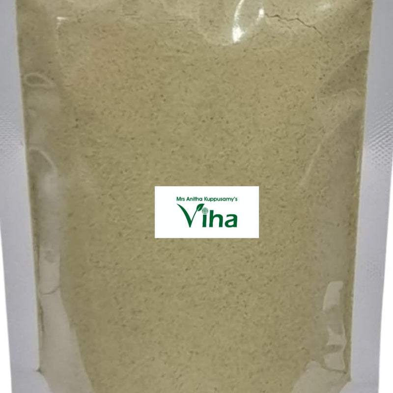 Tulsi Palm Sugar Milk Mix Powder, a clear plastic pouch with a ziplock top contains fine light-tan powder, featuring a rectangular white label on center