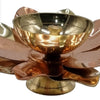 Lotus Lamp, a glossy, two-toned metal lotus flower sculpture with copper-toned and gold-toned petal layers and a central bowl with a small post