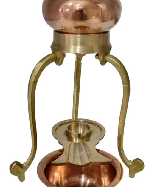 Abisheg Stand with Shivling Stand,Copper Bowl,Copper Lotta/Sombu, copper pot in a ring on a stand above a bowl