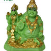 Lakshmi Kuberar Statue, a glossy green figurine with gold-toned details, featuring two seated figures, one larger, adorned with clear stones and necklaces