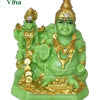Lakshmi Kuberar, seated green figure with gold-coloured detail, a smaller standing figure behind and coins at the base