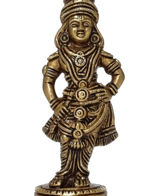 Singara Krishna in brass, standing figure with hands at the hips and a tall crown on a round lotus pedestal