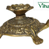 Tortoise Flower Lamp Brass, a gold-toned metallic turtle figurine with detailed shell carvings, four legs, a head, and a lotus-shaped bowl on top