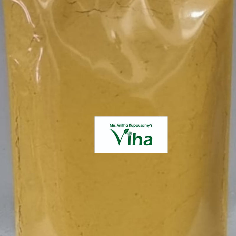 Sandal Powder, a sealed transparent plastic pouch filled with mustard-yellow powder featuring one central white label
