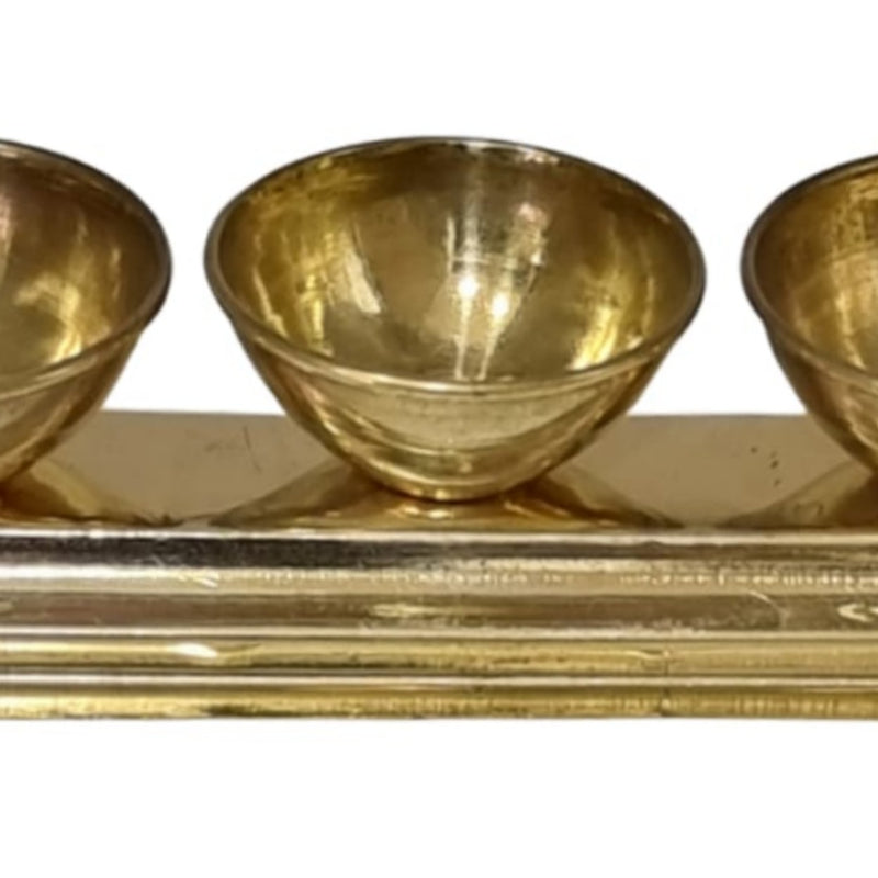 Triple Kumkuma Bowl Set, brass tray with three round bowls