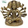 Panchamukha Hanuman in brass, five-headed figure seated cross-legged on a round base with many arms