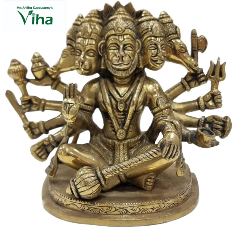 Panchamukha Hanuman in brass, five-headed figure seated cross-legged on a round base with many arms