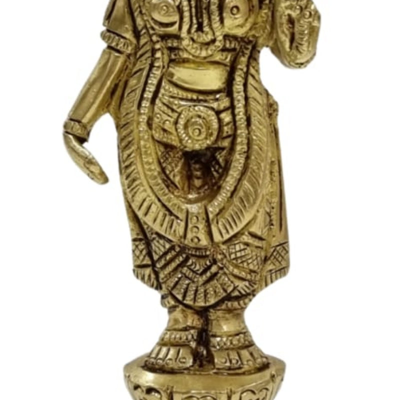Andal in brass, standing figure on a stepped lotus pedestal with engraved garments and one hand raised