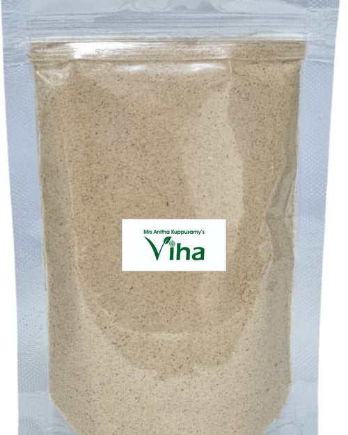 Mango Powder Dry, a clear plastic standing pouch filled with a fine-textured, matte, beige-grey powder, featuring a rectangular white label on the front