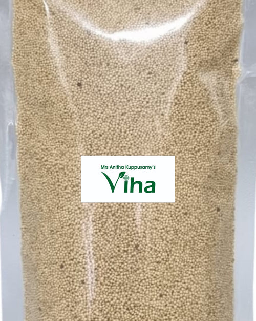 Amaranth Seeds, a clear plastic pouch filled with tiny tan round grains and a centered white label with green lettering