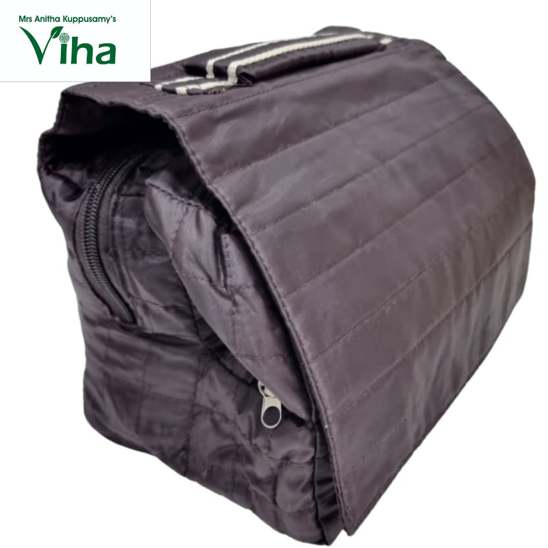 Multi Purpose Unisex Toiletry Pouch, dark grey bag with quilted pattern and zipper closure