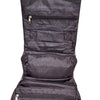 Multi Purpose Unisex Toiletry Pouch, an unrolled dark brown hanging organizer with four zippered compartments and two Velcro tabs