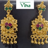 Impon Haram, a pair of gold-toned earrings featuring floral motifs, pink and green stones, and hanging bead details
