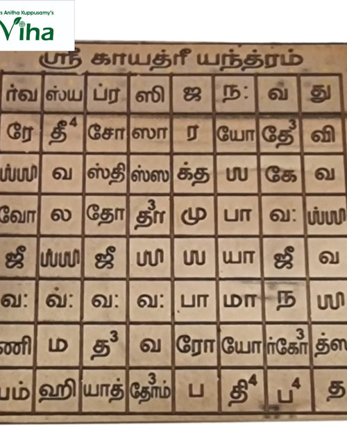 Sri Gayatri Yantra, a rectangular gold-toned metallic plate inscribed with a grid of eighty-eight brown-lettered compartments and one top header row