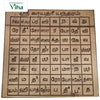 Sri Gayatri Yantra, a rectangular gold-toned metallic plate inscribed with a grid of eighty-eight brown-lettered compartments and one top header row