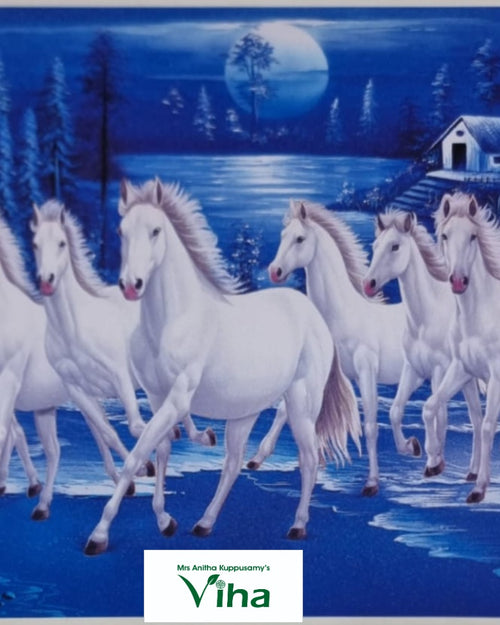Lucky Vastu Seven Horses Photo, a rectangular blue-toned painting depicting seven white horses running across water beneath a moonlit night sky