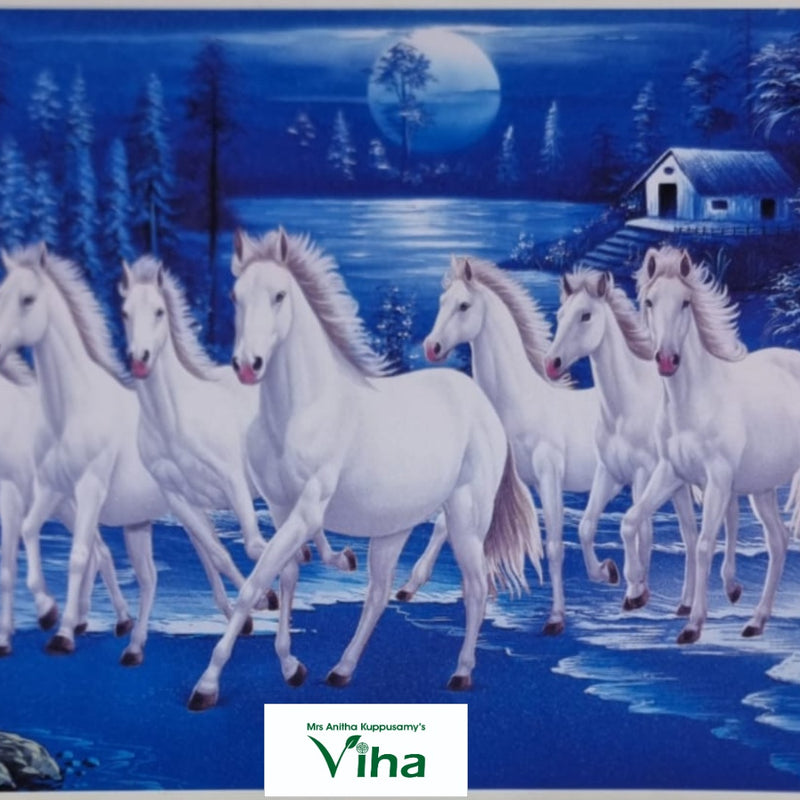 Lucky Vastu Seven Horses Photo, a rectangular blue-toned painting depicting seven white horses running across water beneath a moonlit night sky