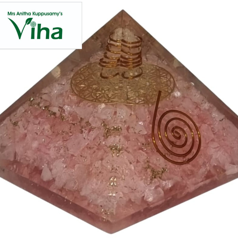 Rose Quartz Pyramid with EMF Protection, embedded pink stone chips