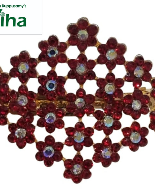 Stone Hair Clip, a gold-toned metal lattice brooch of twenty-six red flower-shaped units, each with a central clear stone