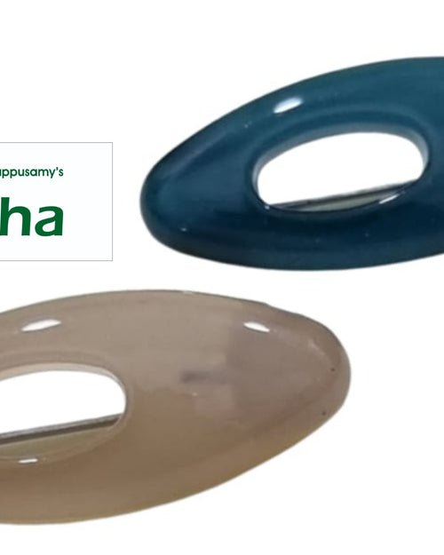 Pair of oval saree pins with centre openings in dark blue and beige