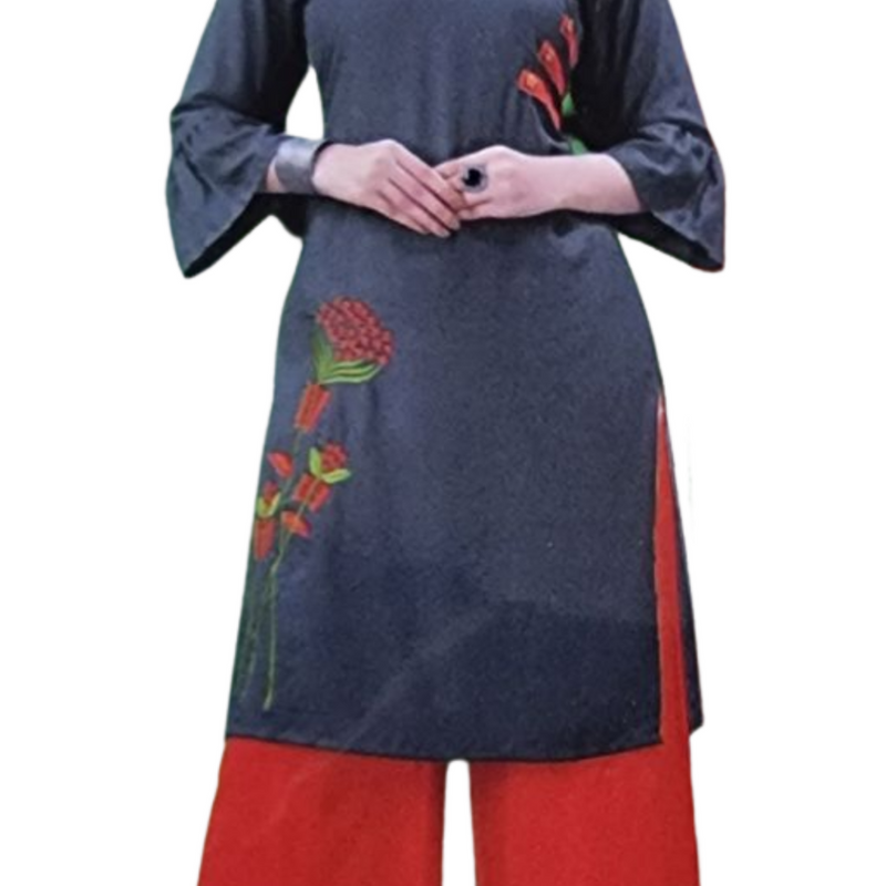 Kurti With Palazzo, a woman wearing a dark grey knee-length tunic with red embroidery and wide-leg red pants