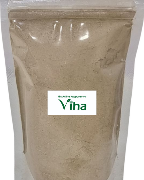 Vellerukku Powder (Calotropis Gigantea), a standing clear plastic pouch containing light-brown powder and a central label