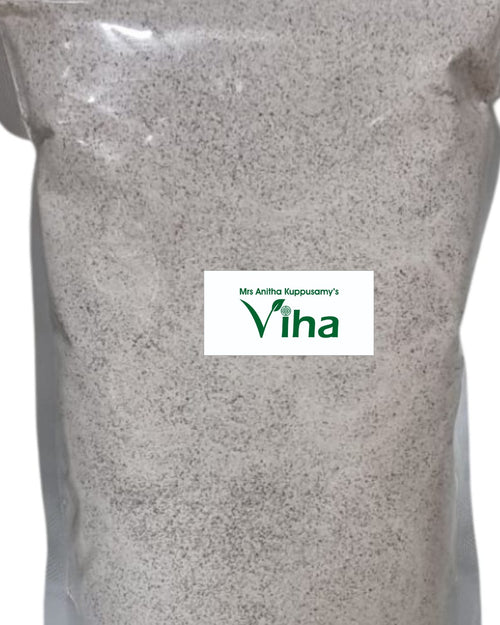 Organic Ragi Flour, transparent pouch with fine light grey powder