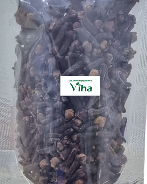 Organic Cloves in a clear plastic pouch containing dark dried cloves