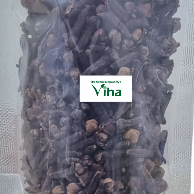 Organic Cloves in a clear plastic pouch containing dark dried cloves