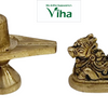 Shivling with Nandhi, two shiny gold-toned pieces, one an upright pillar on a base and the other a reclining bull