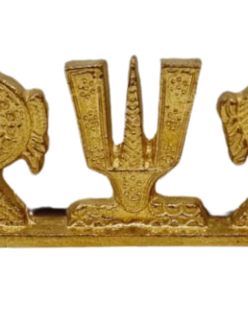 Sangu Chakra Namam stand small, three gold-toned metallic symbols on a rectangular base, featuring a circular wheel, a trident shape, and a conch shell