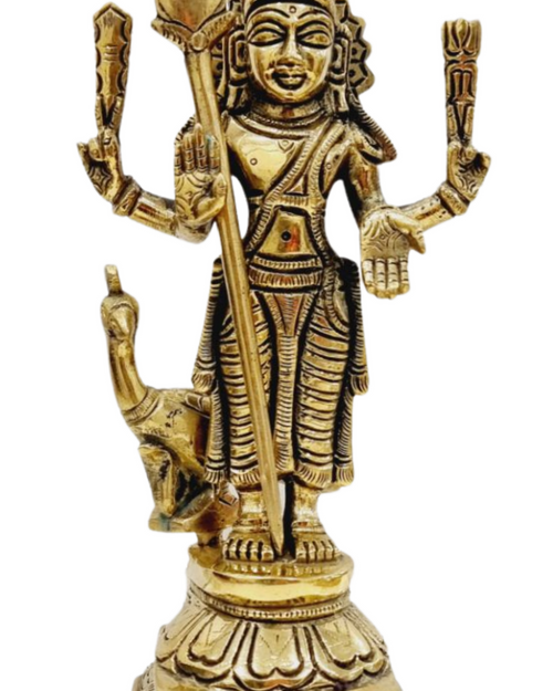 Murugar in brass, standing multi-armed figure on a tiered pedestal holding an upright vel (spear)