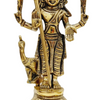 Murugar in brass, standing multi-armed figure on a tiered pedestal holding an upright vel (spear)