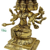 Gayatri Devi Statue Brass, a gold-toned metallic figurine of a seated multi-headed multi-armed figure on a stepped square lotus base