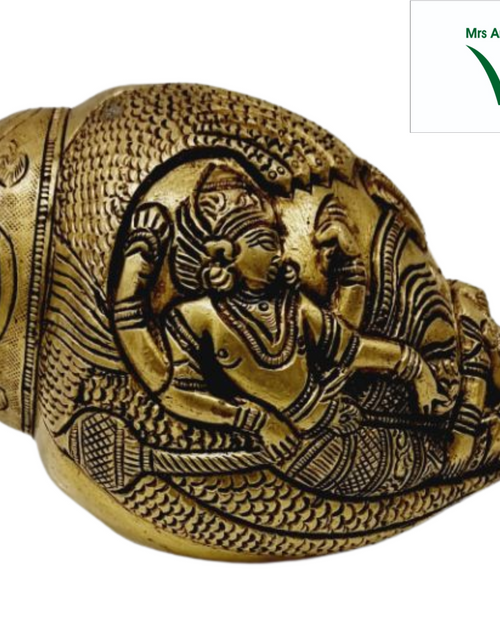 Maha Vishnu sankh in brass, conch with a reclining Vishnu carved in relief across the body