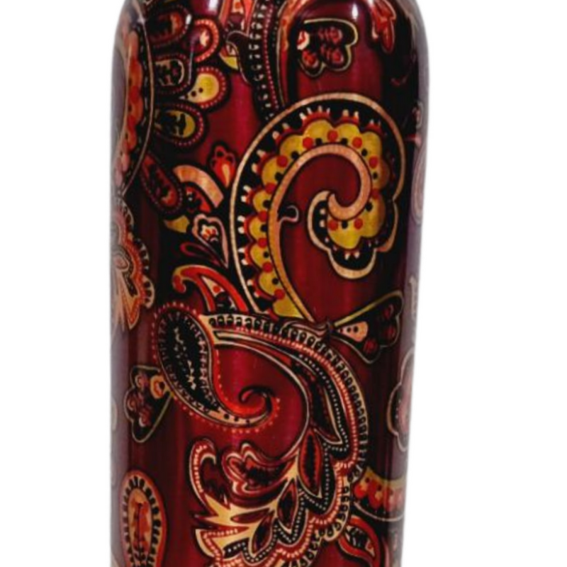 Designer Copper Water Bottle, a glossy maroon bottle printed with a paisley pattern in yellow, orange and black