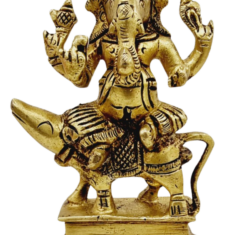 Rat Ganesha in brass, four-armed elephant-headed figure seated on a large rat with a long curling tail