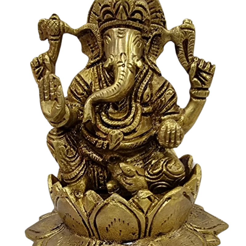 Lotus Ganesha in brass, four-armed elephant-headed figure seated on a wide open lotus base