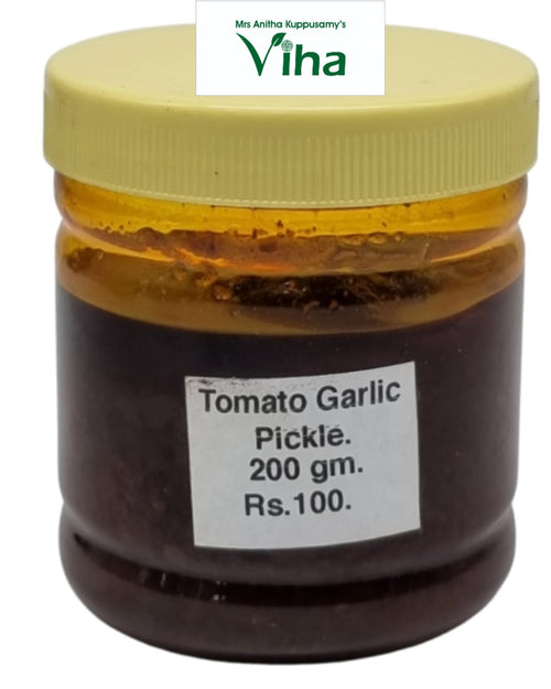 Tomato Garlic Pickle, in a plastic jar with a label and pale yellow lid