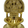 Ashtalakshmi vilakku in brass, arched panel of eight seated Lakshmi figures above a leaf-shaped oil bowl