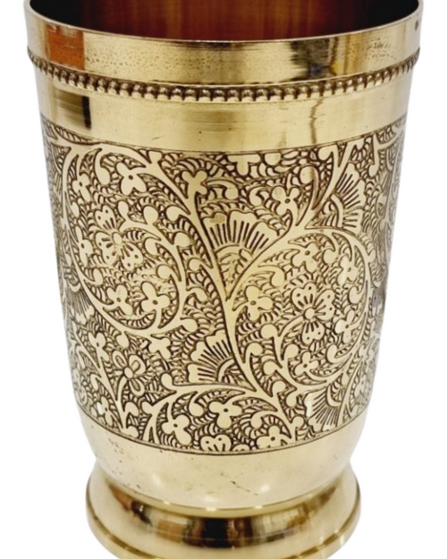 Brass Tumbler Mughal Design with engraved floral pattern