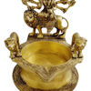 Durgai Amman brass lamp, Durga seated on her lion above an oil bowl flanked by two lions