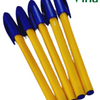 Five ball pens with yellow barrels and dark blue caps and tips