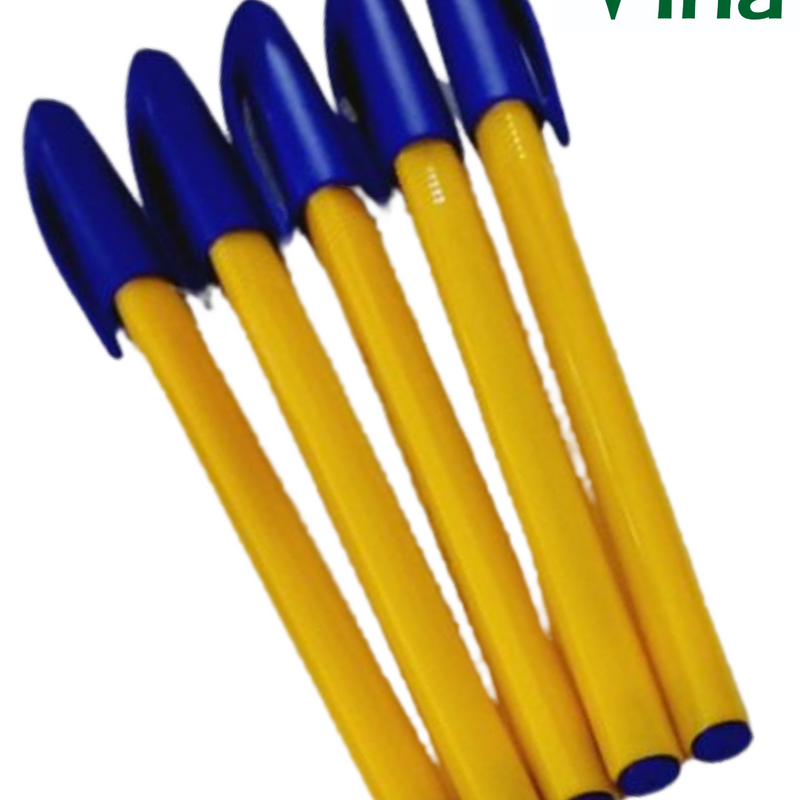 Five ball pens with yellow barrels and dark blue caps and tips