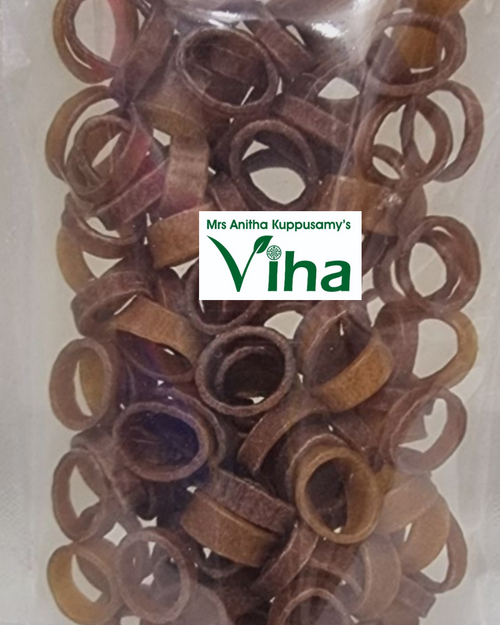 Onion Ring Fryums in a transparent plastic bag containing brown snack rings