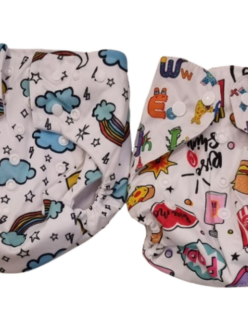 Cloth Diaper for Babies, two white fabric garments printed with colorful cartoon patterns and white snap buttons
