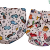 Cloth Diaper for Babies, two white fabric garments printed with colorful cartoon patterns and white snap buttons
