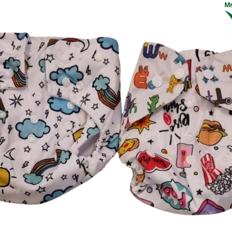 Cloth Diaper for Babies, two white fabric garments printed with colorful cartoon patterns and white snap buttons